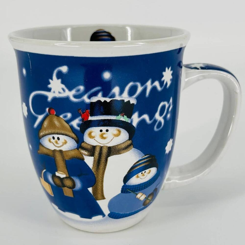 Season's Greetings Blue Snowman Family Christmas Coffee Cup / Tea Mug - Fair UC